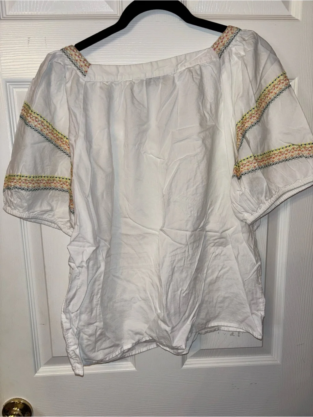 LOFT White Peasant Top with Multicolor Embroidered Trim